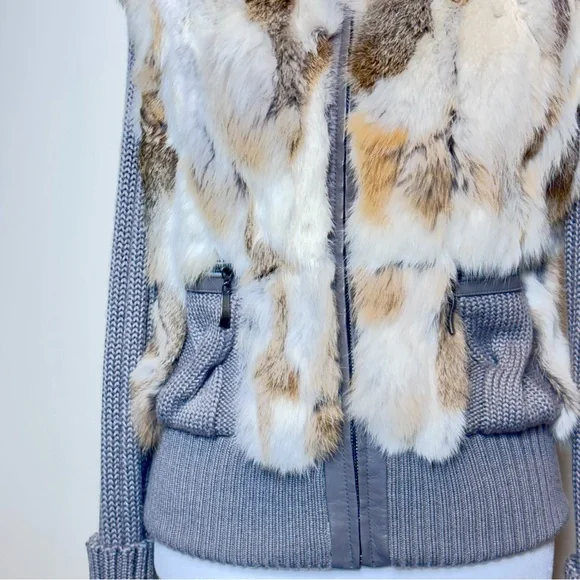 Rabbit Fur and Cable Knit Cardigan Jacket with Hood - Picture 6 of 15